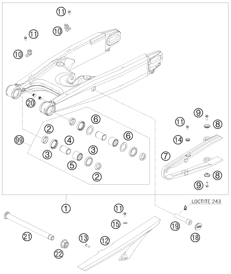 Despiece original completo de Basculante del modelo de KTM 990 SUPER DUKE OLIVE-ME. del año 2010