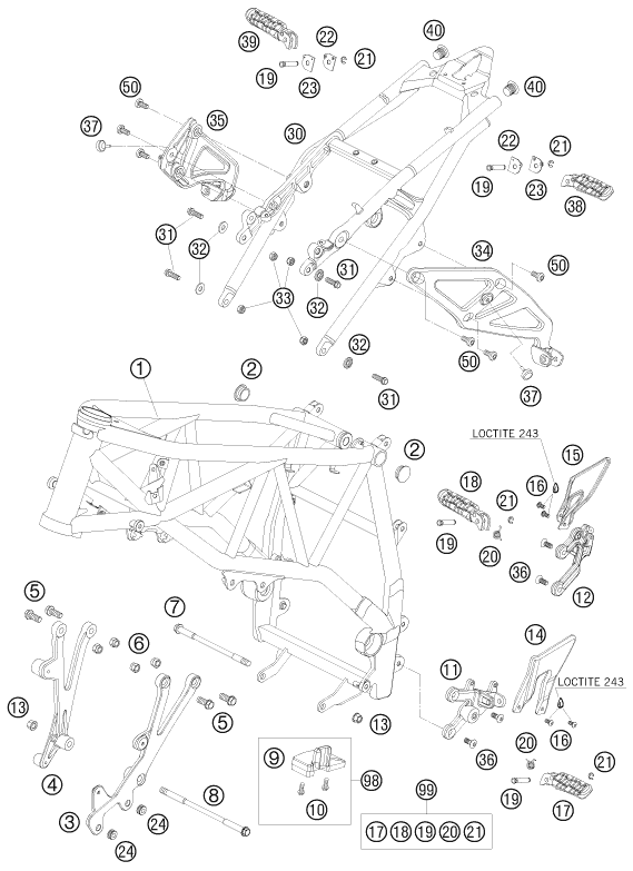 Despiece original completo de Chasis del modelo de KTM 990 SUPER DUKE OLIVE-ME. del año 2010