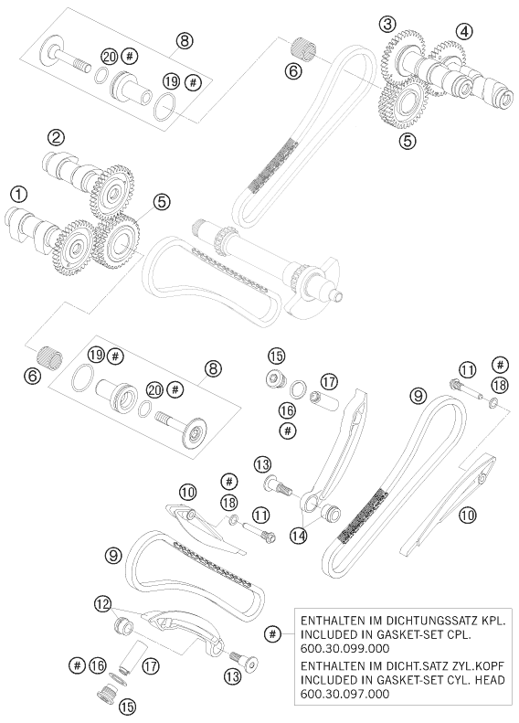 Despiece original completo de Mando de las válvulas del modelo de KTM 990 SUPER DUKE OLIVE-ME. del año 2010