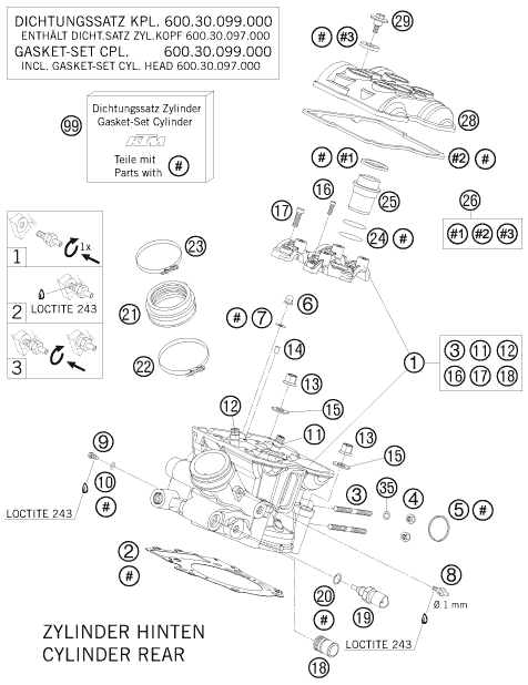 Despiece original completo de Culata de cilindros trasera del modelo de KTM 990 SUPERMOTO T LIM. EDIT. del año 2010