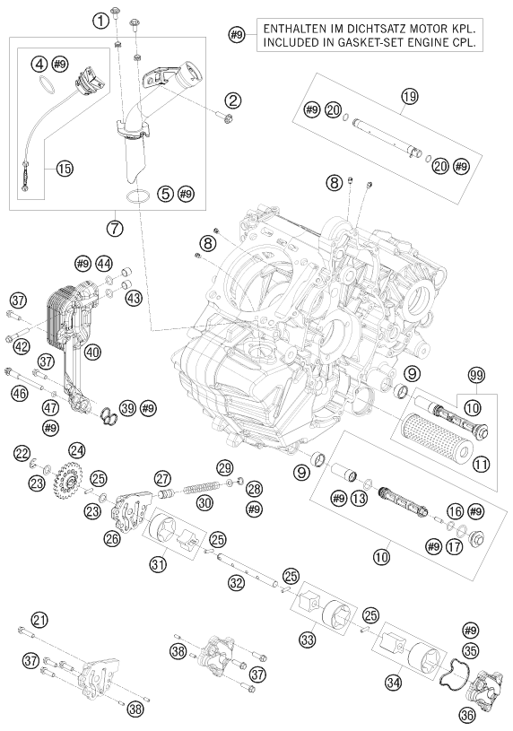 Despiece original completo de Sistema de lubricación del modelo de KTM 1190 RC 8 Orange del año 2008