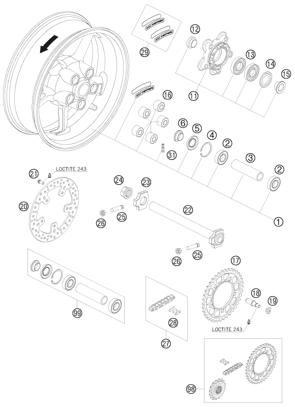 Despiece original completo de Rueda trasera del modelo de KTM 990 SUPERMOTO T LIM. EDIT. del año 2010