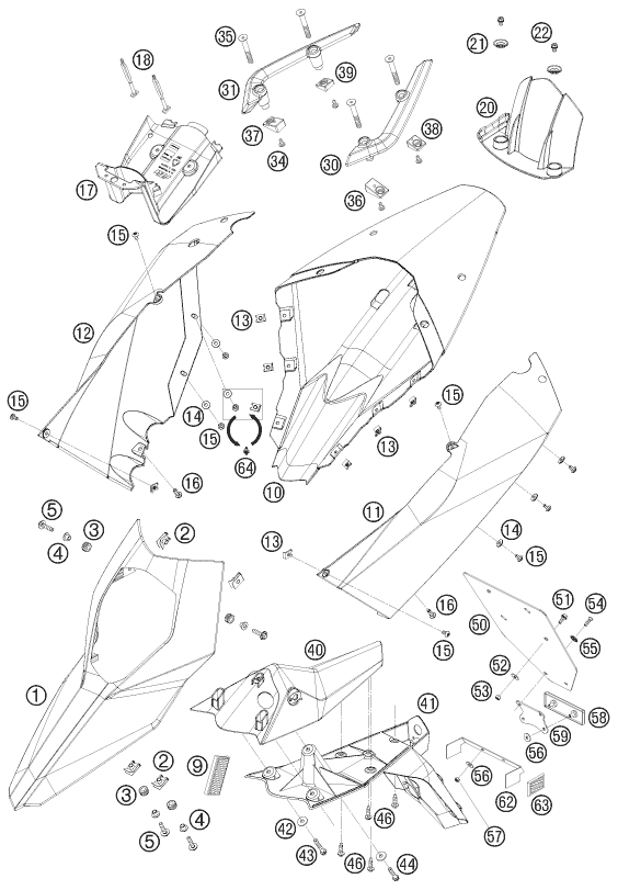 Despiece original completo de Máscara, guardabarros del modelo de KTM 690 Supermoto Black del año 2008
