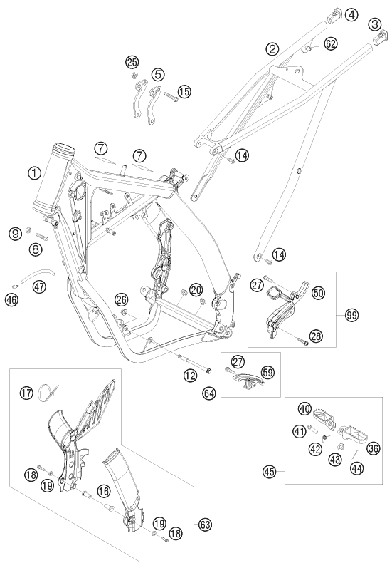 Despiece original completo de Chasis del modelo de KTM 250 EXC-F Six days del año 2008