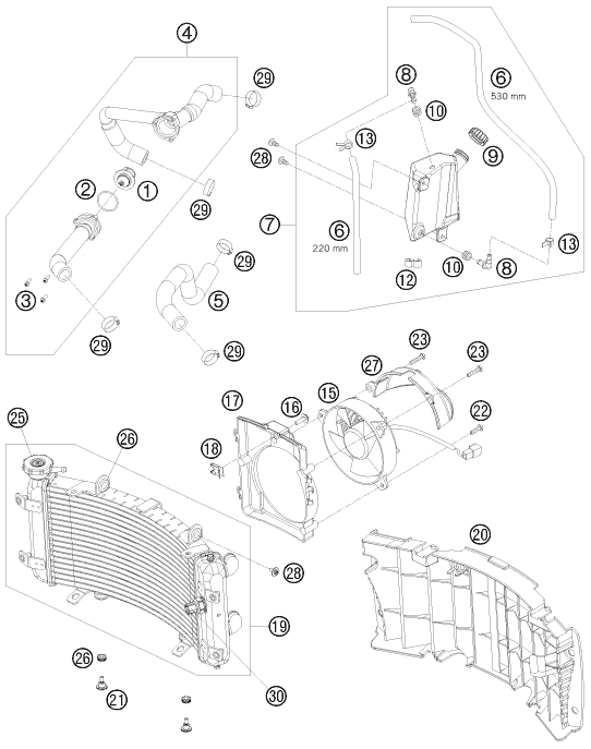 Despiece original completo de Sistema de refrigeración del modelo de KTM 525 XC ATV del año 2011