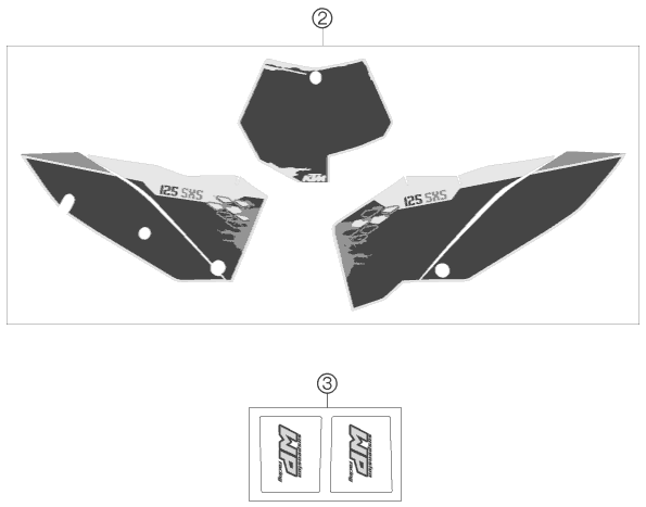 Despiece original completo de kit gráficos del modelo de KTM 125 SXS del año 2008