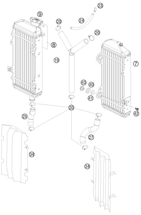 Despiece original completo de Sistema de refrigeración del modelo de KTM 250 SXS-F del año 2008