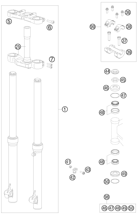 Despiece original completo de Horquilla telescópica, pletina de dirección del modelo de KTM 50 SX MINI del año 2011