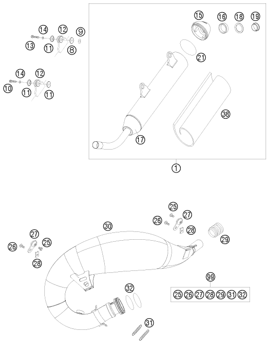 Despiece original completo de Sistema de escape del modelo de KTM 125 EXC del año 2009