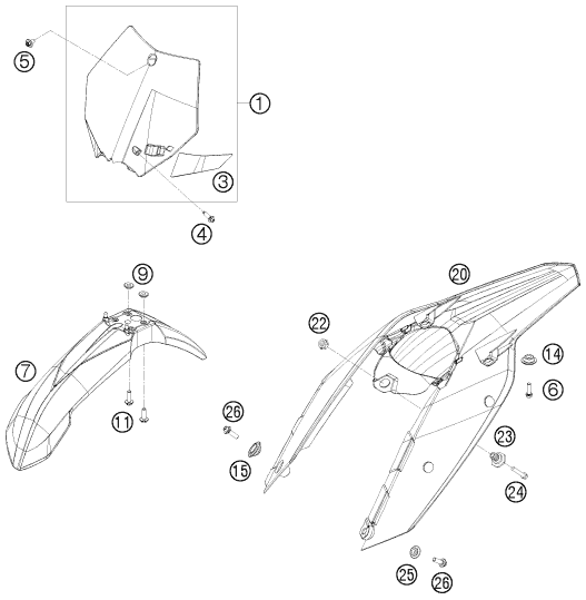 Despiece original completo de Máscara, guardabarros del modelo de KTM 250 SX-F FACT.REPL.MUSQ. ED del año 2010
