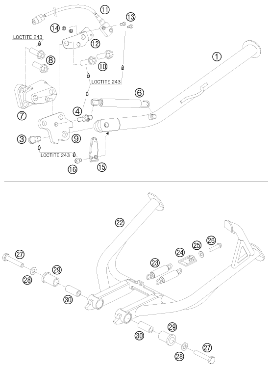 Despiece original completo de Caballete lateral / caballete central del modelo de KTM 990 ADVENTURE ORANGE ABS del año 2010