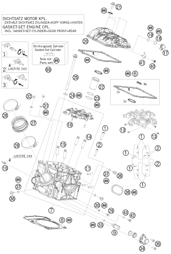 Despiece original completo de Culata de cilindros trasera del modelo de KTM 1190 RC 8R LIM.ED.AKRAPOVIC del año 2009