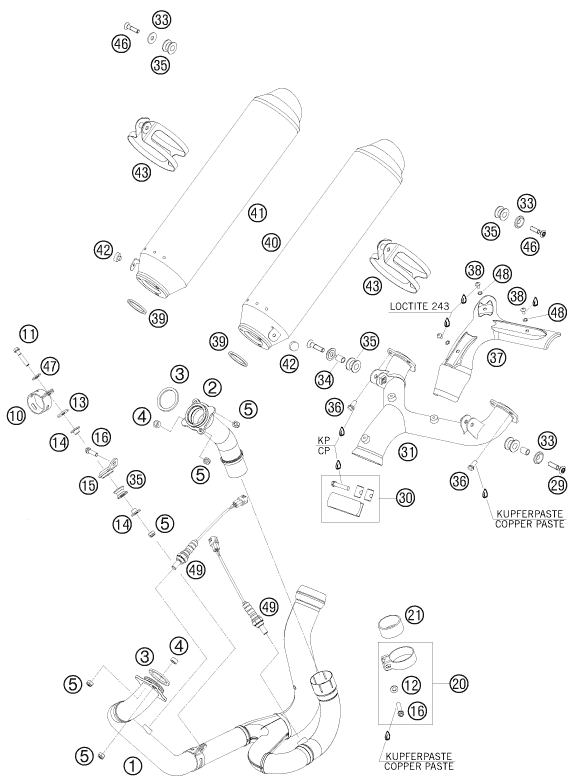 Despiece original completo de Sistema de escape del modelo de KTM 990 SUPERMOTO T LIM. EDIT. del año 2010