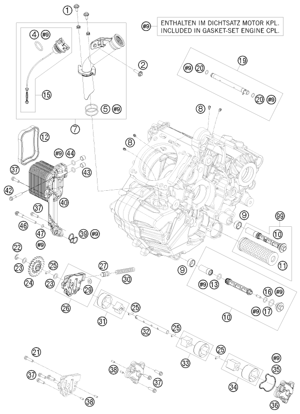 Despiece original completo de Sistema de lubricación del modelo de KTM 1190 RC 8R LIM.ED.AKRAPOVIC del año 2009