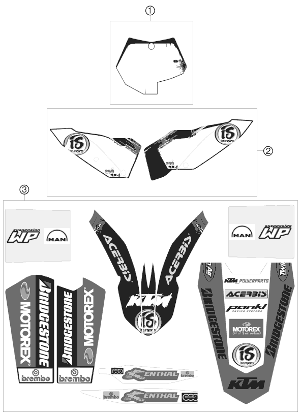 Despiece original completo de Kit gráficos del modelo de KTM 250 SX-F del año 2009