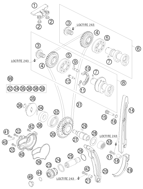 Despiece original completo de Mando de las válvulas del modelo de KTM 250 EXC-F SIX DAYS del año 2010