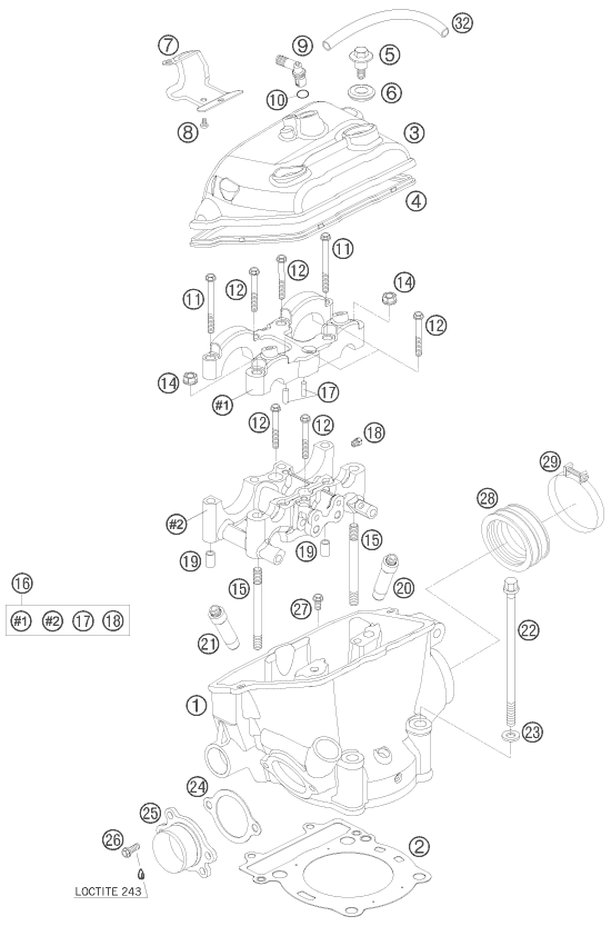 Despiece original completo de Culata de cilindros del modelo de KTM 250 EXC-F Six Days del año 2009
