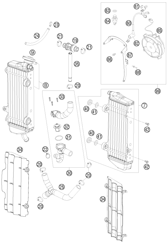 Despiece original completo de Sistema de refrigeración del modelo de KTM 400 EXC FACTORY EDIT. del año 2011