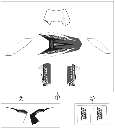Despiece original completo de Kit gráficos del modelo de KTM 530 Exc Six Days del año 2009
