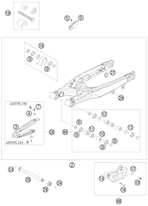 Despiece original completo de Basculante del modelo de KTM 250 SX-F FACT.REPL.MUSQ. ED del año 2010