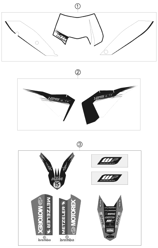 Despiece original completo de Kit gráficos del modelo de KTM 125 EXC del año 2010