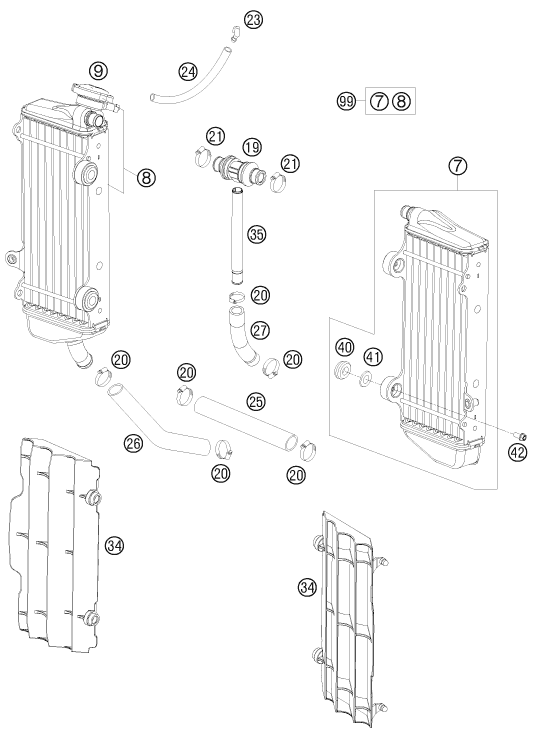 Despiece original completo de Sistema de refrigeración del modelo de KTM 250 SX del año 2010