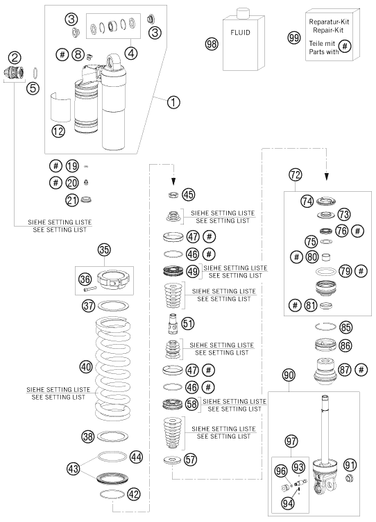 Despiece original completo de Amortiguador del modelo de KTM 250 SX-F FACT.REPL.MUSQ. ED del año 2010