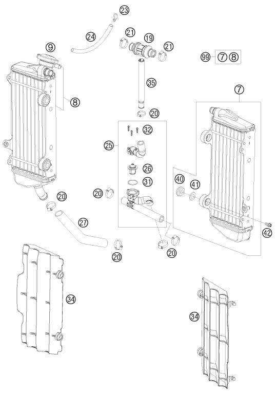Despiece original completo de Sistema de refrigeración del modelo de KTM 200 EXC del año 2011