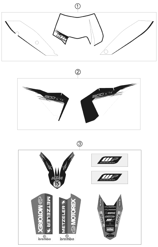 Despiece original completo de Kit gráficos del modelo de KTM 300 EXC del año 2010