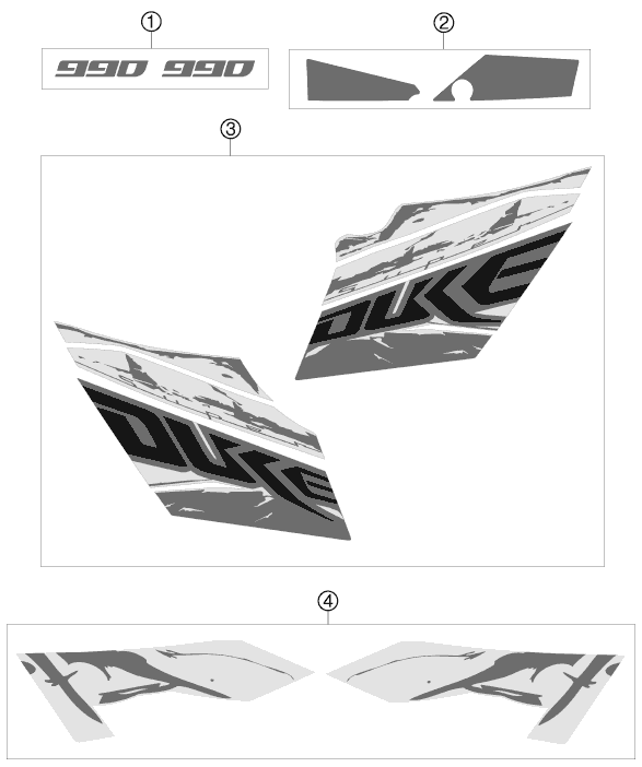 Despiece original completo de Kit gráficos del modelo de KTM 990 SUPER DUKE OLIVE-ME. del año 2010