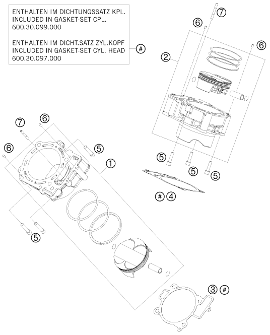 Despiece original completo de Cilindro del modelo de KTM 990 SUPERMOTO T LIM. EDIT. del año 2010