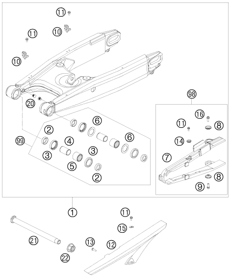 Despiece original completo de Basculante del modelo de KTM 990 SUPERMOTO T LIM. EDIT. del año 2010