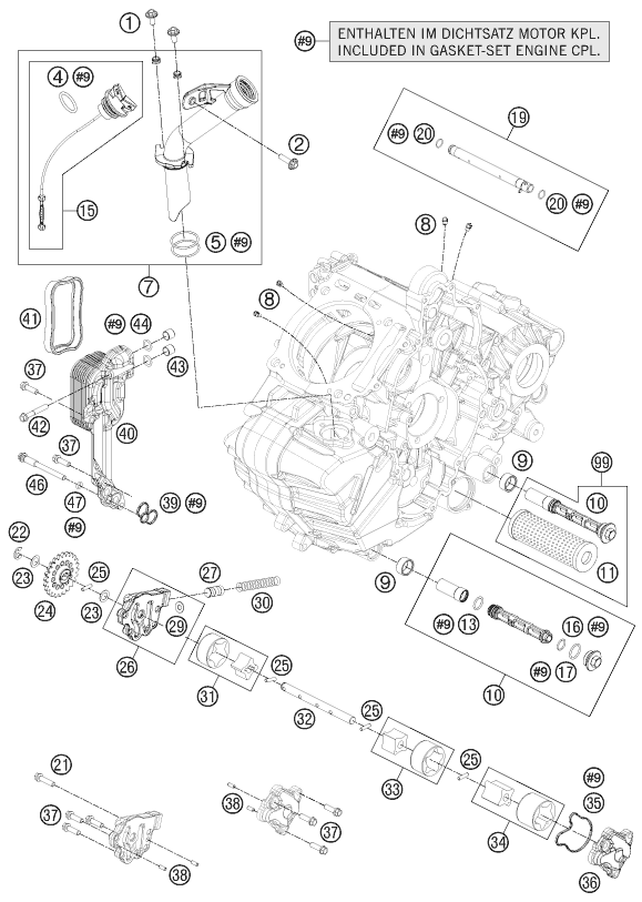 Despiece original completo de Sistema de lubricación del modelo de KTM 1190 RC8R TRACK del año 2010