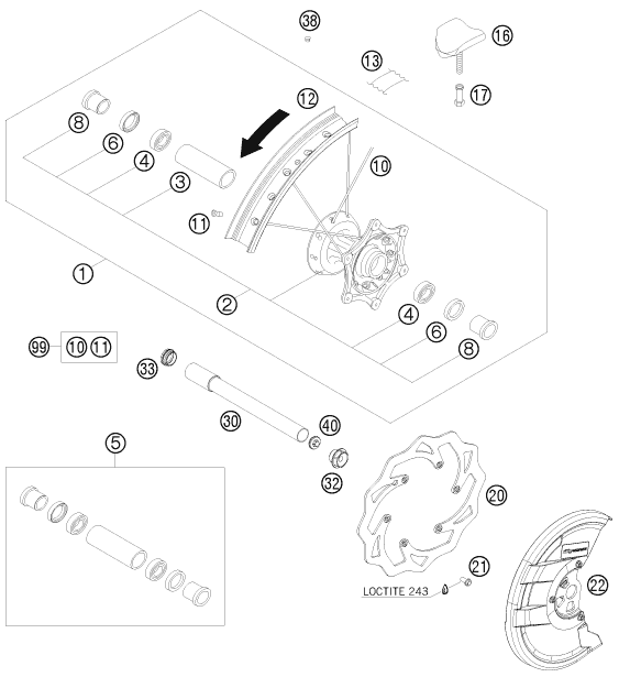 Despiece original completo de Rueda delantera del modelo de KTM 450 SX-F FACT.REPL.NAGL del año 2010