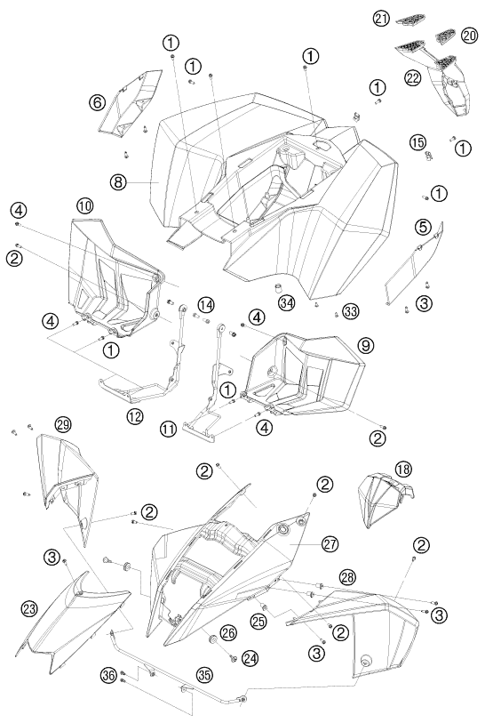 Despiece original completo de Máscara, guardabarros del modelo de KTM 525 XC ATV del año 2011