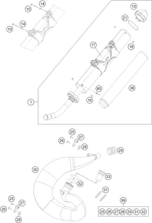 Despiece original completo de Sistema de escape del modelo de KTM 250 EXC del año 2011