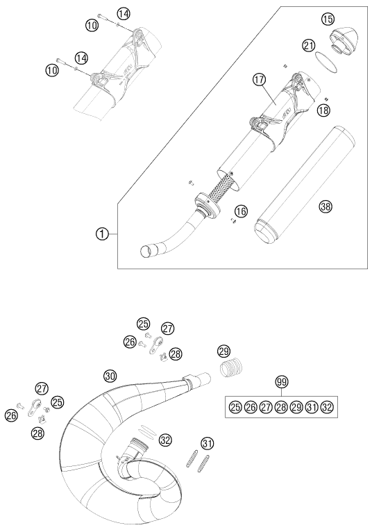 Despiece original completo de Sistema de escape del modelo de KTM 250 SX del año 2014
