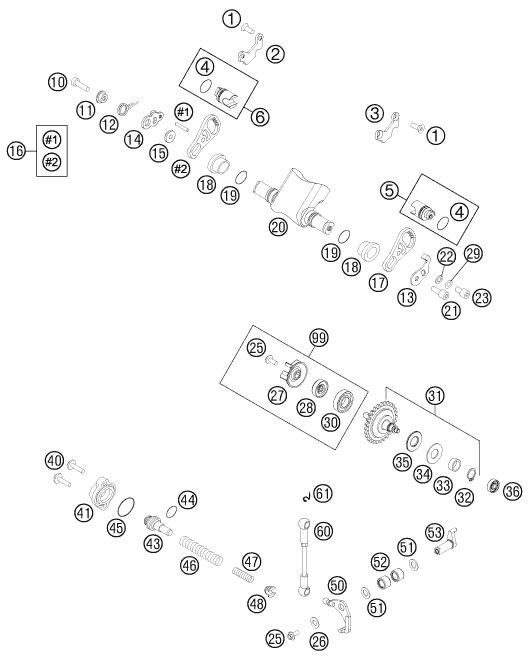 Despiece original completo de Distribución de escape del modelo de KTM 300 XC del año 2014
