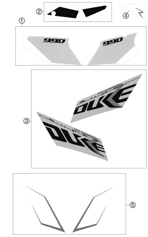 Despiece original completo de Kit gráficos del modelo de KTM 990 SUPER DUKE R del año 2011