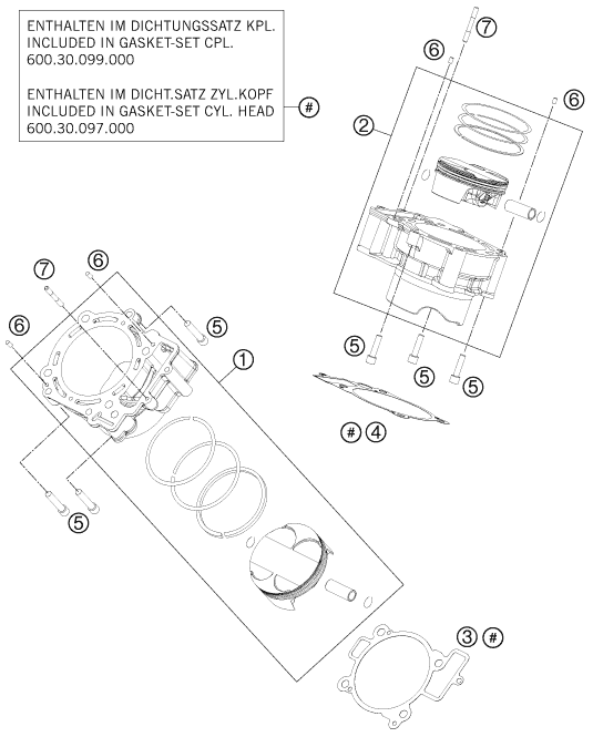 Despiece original completo de Cilindro del modelo de KTM 990 ADVENTURE R del año 2012