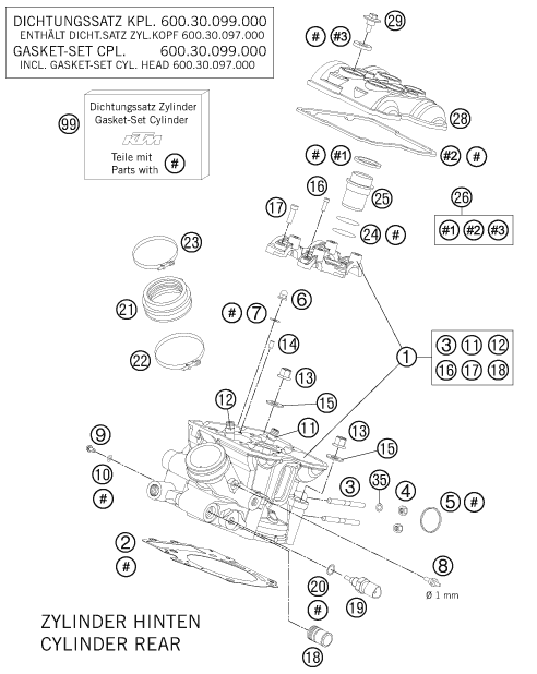 Despiece original completo de Culata de cilindros trasera del modelo de KTM 990 SUPERMOTO R del año 2012