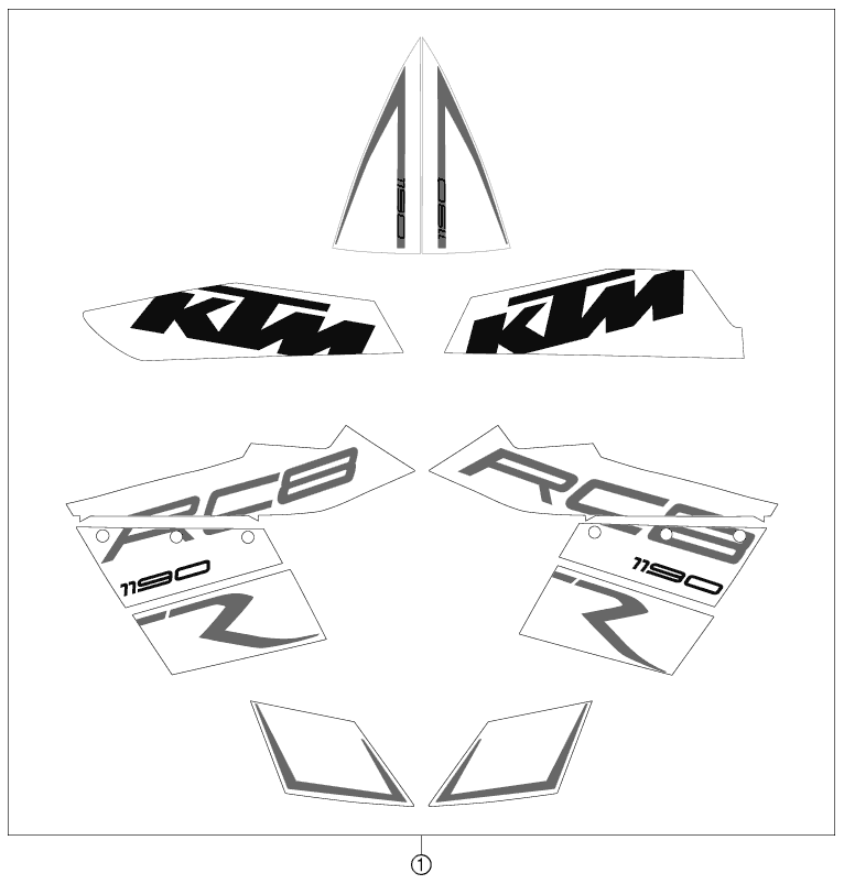 Despiece original completo de Kit gráficos del modelo de KTM 1190 RC8 R BLACK del año 2012