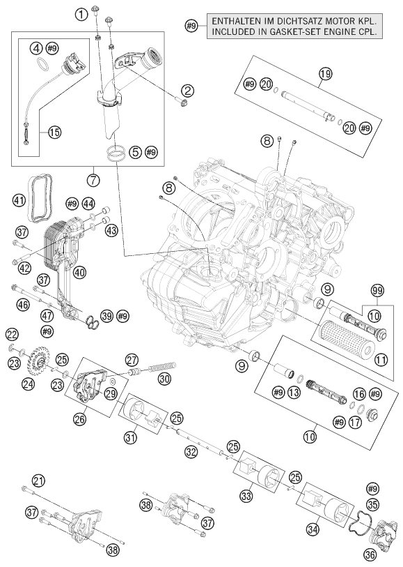 Despiece original completo de Sistema de lubricación del modelo de KTM 1190 RC8 R WHITE del año 2012