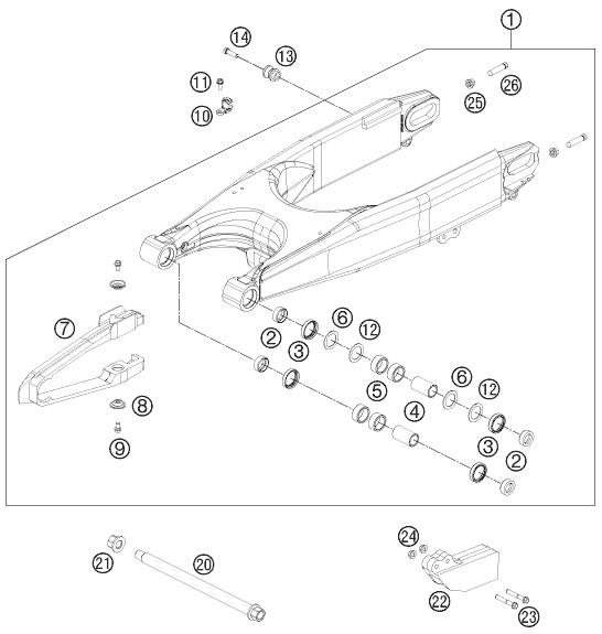 Despiece original completo de Basculante del modelo de KTM 450 RALLY FACTORY REPLICA del año 2013