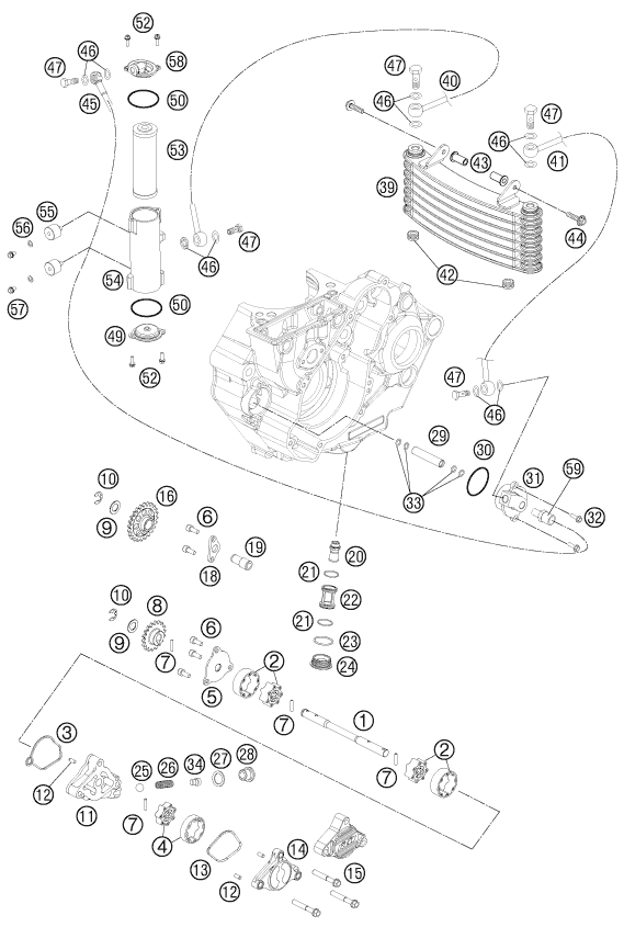 Despiece original completo de Sistema de lubricación del modelo de KTM 450 RALLY FACTORY REPLICA del año 2011