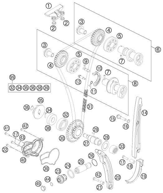 Despiece original completo de Mando de las válvulas del modelo de KTM 250 SX-F del año 2011