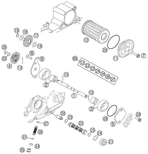 Despiece original completo de Sistema de lubricación del modelo de KTM 250 SX-F del año 2011