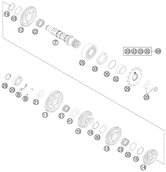 Despiece original completo de Cambio de marchas II - árbol secundario del modelo de KTM 350 SX-F del año 2012