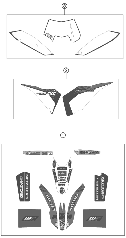 Despiece original completo de Kit gráficos del modelo de KTM 400 EXC FACTORY EDIT. del año 2011