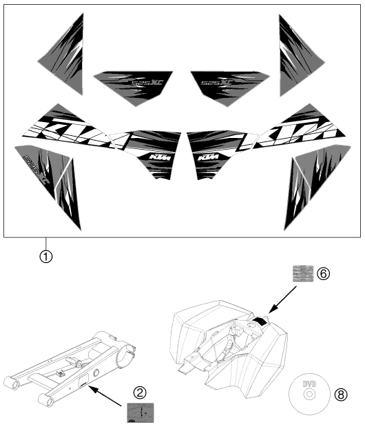 Despiece original completo de Kit gráficos del modelo de KTM 525 XC ATV del año 2011